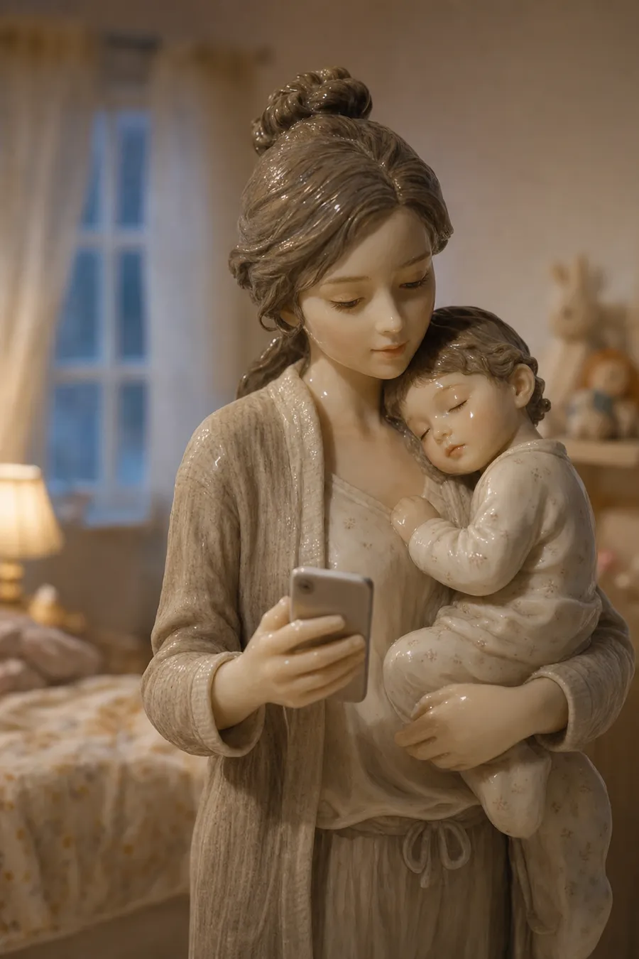 A porcelain diorama scene of a mother cradling her sleeping child on one shoulder while quietly reading her phone, standing in an idyllic softly lit bedroom with a glowing lamp and gauzy curtains blurred behind