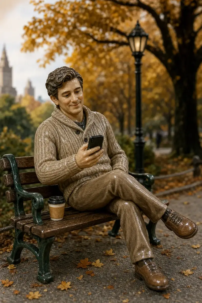 A porcelain diorama scene of a doctor in a cosy knit sweater seated on a Central Park bench under autumn trees, glancing at their phone with a small smile, a coffee cup beside them and a lamppost and park path softly blurred behind