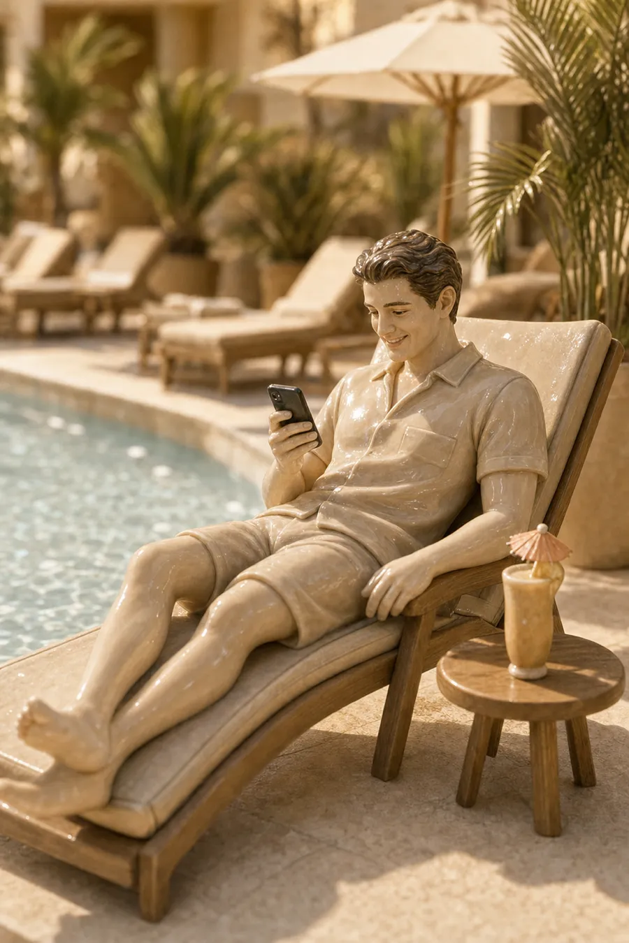 A porcelain diorama scene of a doctor reclining on a poolside lounger at a sunny resort, phone in hand, a tropical drink on a side table and palms and pool water softly blurred behind