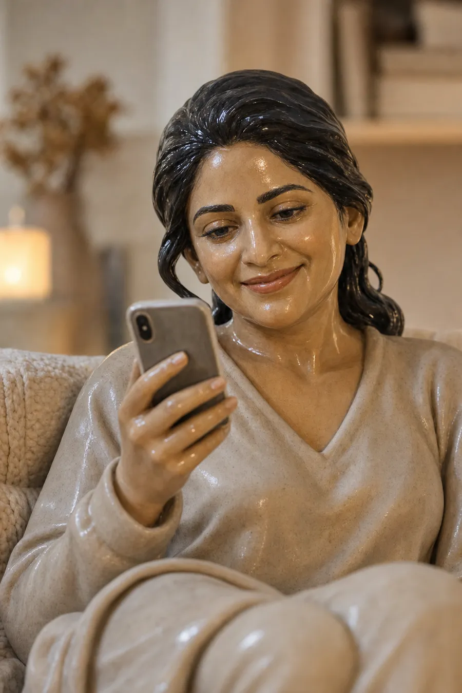 A porcelain figurine of a doctor reclining cosily on her couch at home in warm evening light, phone in hand, answering a patient in a spare moment