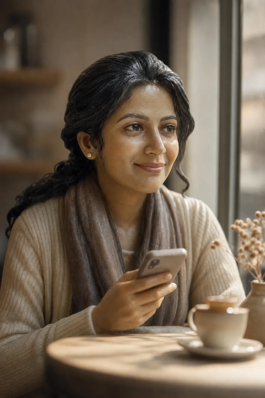 A porcelain figurine of a doctor sitting quietly content at a coffee-shop table in soft morning light, coffee in front of her and phone in hand