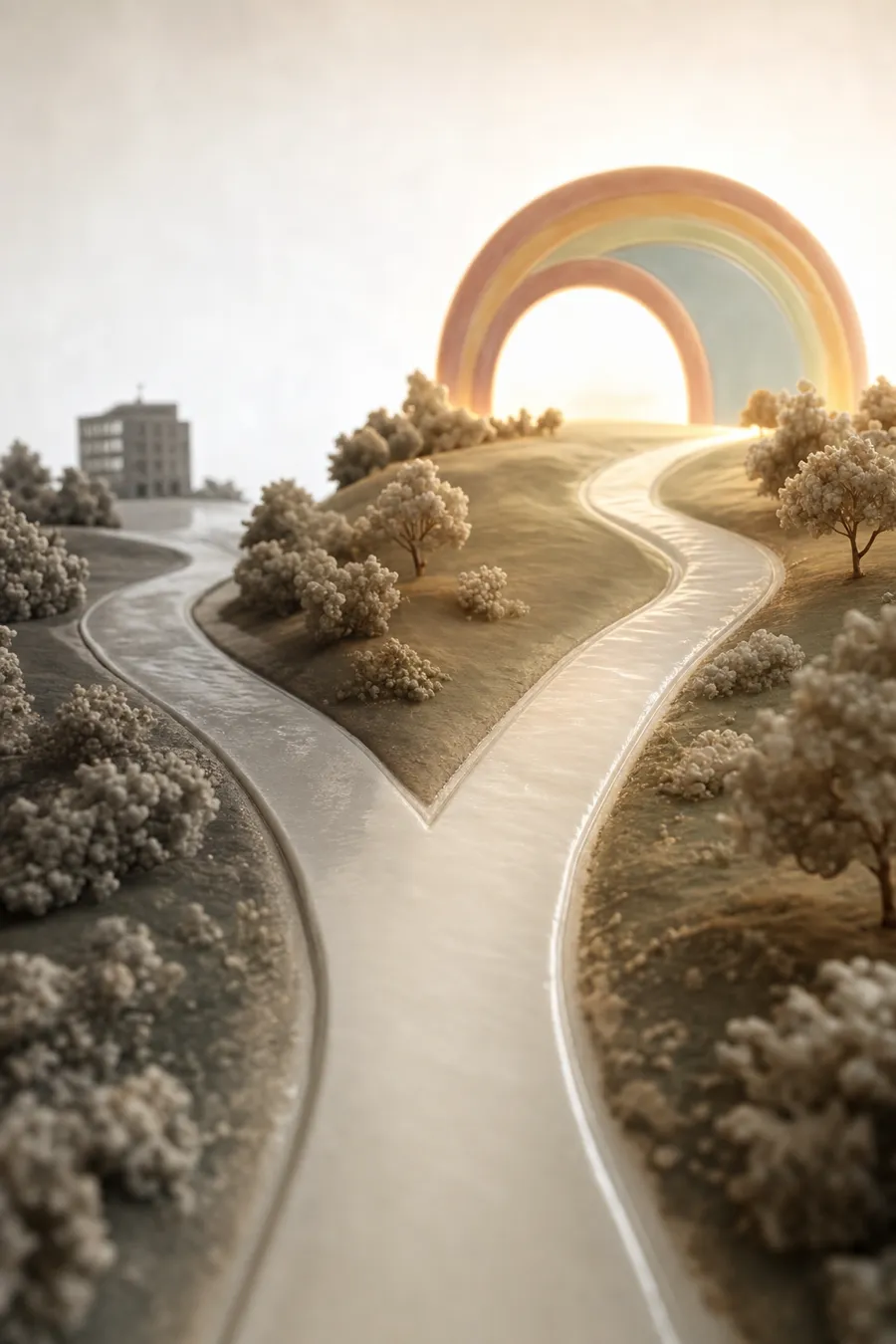 A porcelain miniature of a road forking: one dull path toward a grey office block, one warm path rising toward a pastel rainbow shaped like the FutureClinic arches